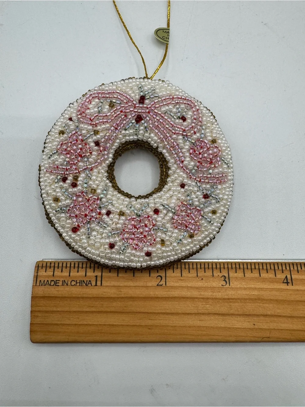 2 VTG Hand Beaded Embroidered Christmas Holiday Ornaments Bell Wreath